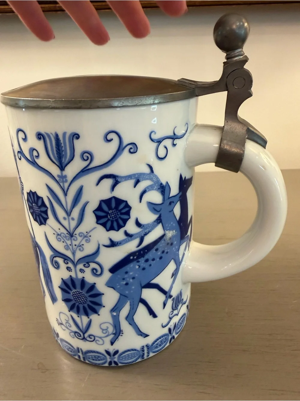 Kurt Hammer Vintage Porcelain German Beer Stein Tankard with Hinged Metal Lid
